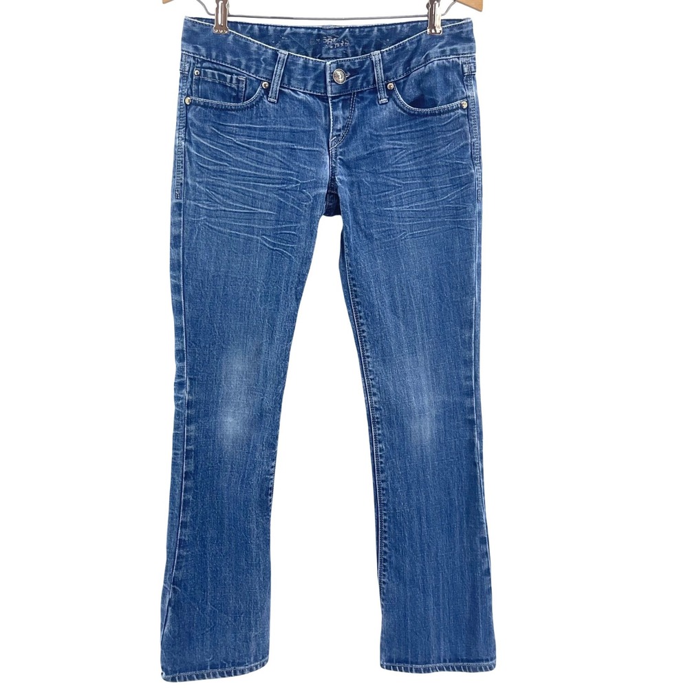 Y2K Express Low Rise Bootcut Jeans Women 0 Medium Wash Whiskered Denim